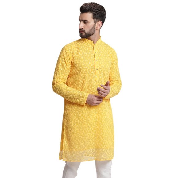 Men Chikankari Georgette Yellow Color Kurta Full Sleeve Knee Length Kurta - Picture 3 of 6